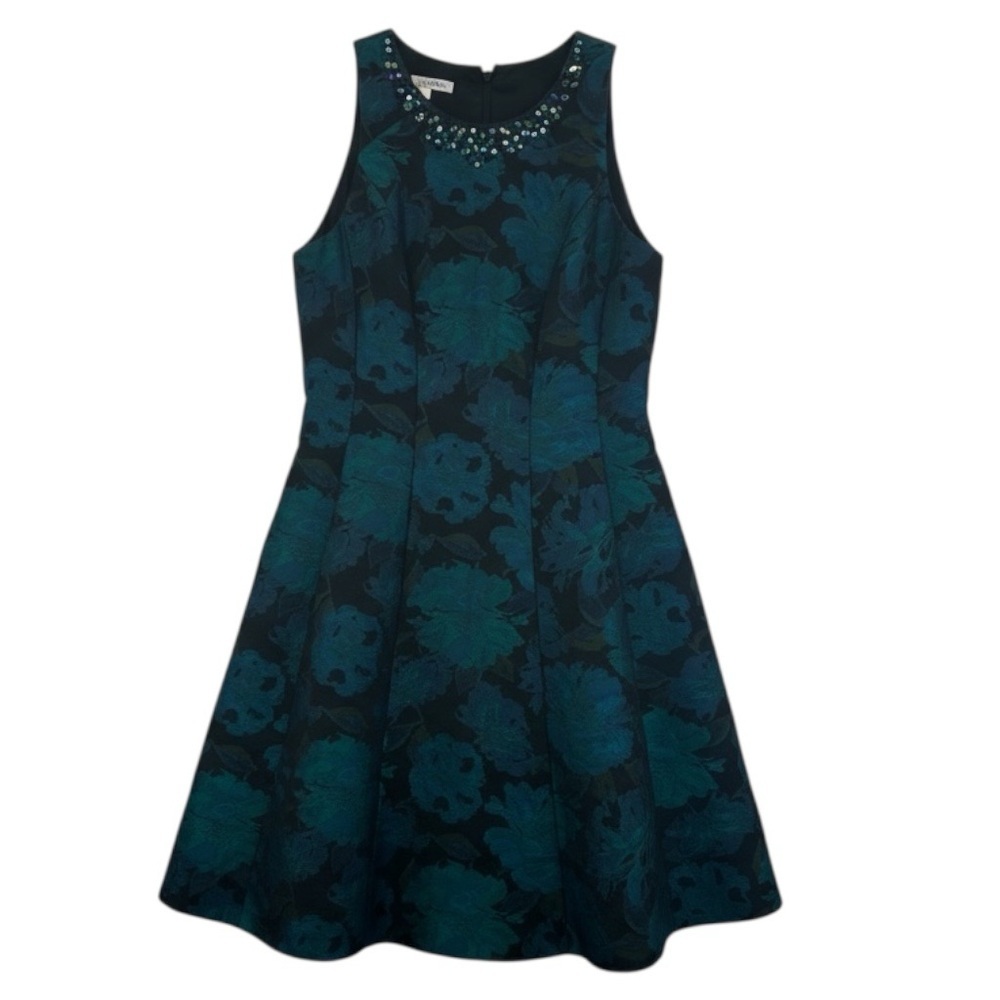 Maggy London Teal Black Jacquard A-Line Cocktail Dress Embellished Neck 8